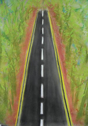 Painting of a straight road cnotinuing into the distance with tall grass on either side
